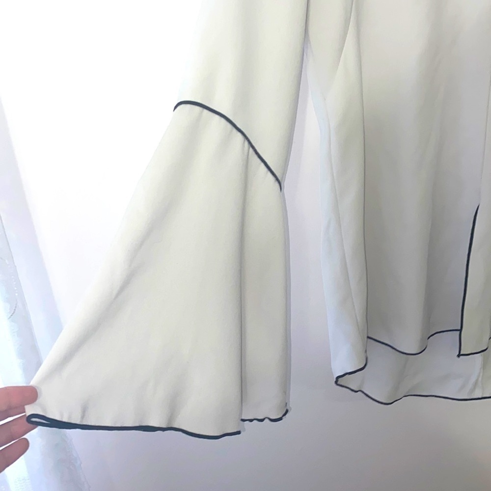 Derek Lam White V-Neck Bell Sleeve Blouse with Black Piping - Picture 5 of 11
